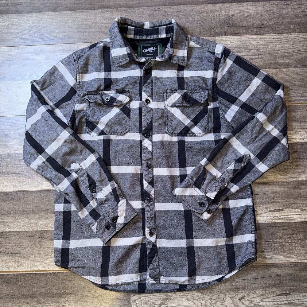 Y2K O’Neill Skate Surf Plaid Flannel Shirt Mens Medium Gray Black White Cotton